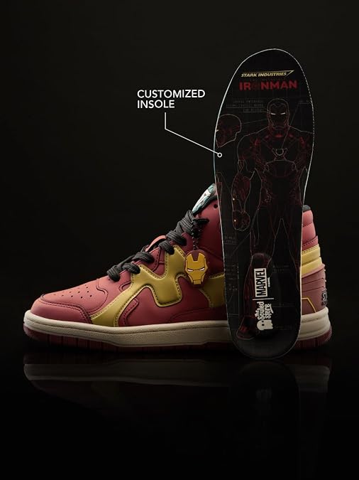 The Souled Store Iron Man: Arc Reactor Men and Boys High Top Sneakers Maroon and Gold Streetwear Smooth Synthetic Cushioned Midsole Red Rubber Sole Lace Up Closure Padded Ankle Collar - Image 4