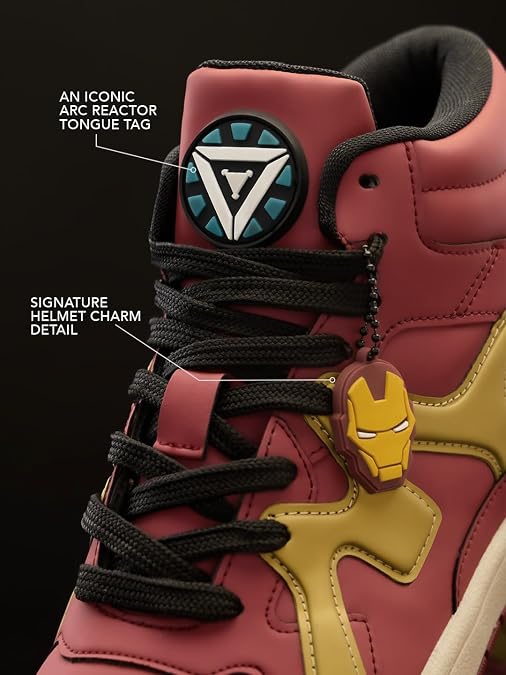 The Souled Store Iron Man: Arc Reactor Men and Boys High Top Sneakers Maroon and Gold Streetwear Smooth Synthetic Cushioned Midsole Red Rubber Sole Lace Up Closure Padded Ankle Collar - Image 5