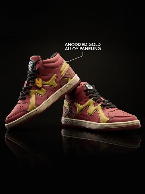 The Souled Store Iron Man: Arc Reactor Men and Boys High Top Sneakers Maroon and Gold Streetwear Smooth Synthetic Cushioned Midsole Red Rubber Sole Lace Up Closure Padded Ankle Collar - Image 3