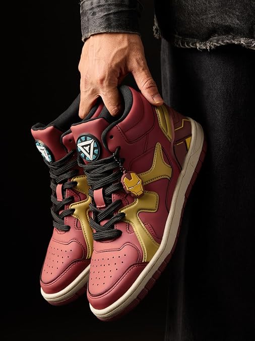 The Souled Store Iron Man: Arc Reactor Men and Boys High Top Sneakers Maroon and Gold Streetwear Smooth Synthetic Cushioned Midsole Red Rubber Sole Lace Up Closure Padded Ankle Collar - Image 6